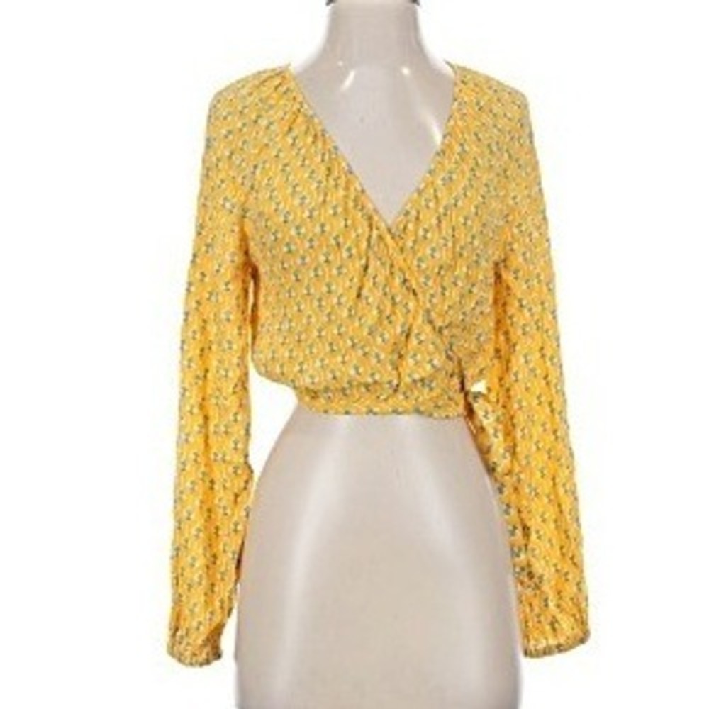 Rhode Yellow Floral Wrap Crop Top Long Sleeve V-Neck Tie Waist Blouse XL NWT